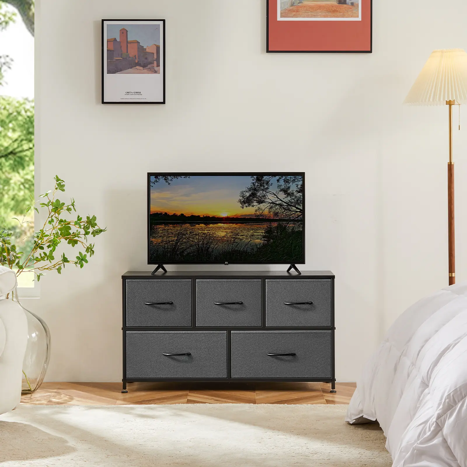 Fabric Storage Tower with Wooden Top & Sturdy Frame, Multi-Purpose Drawer Cabinet for Bedroom, Closet, Entryway & Office