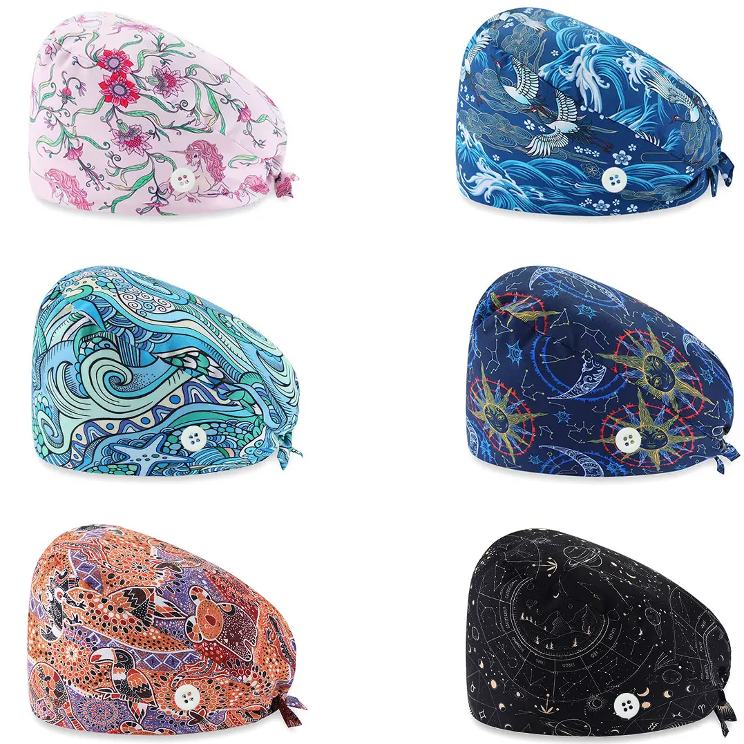 6-Pack Cute Floral Scrub Caps for Women, Bouffant Polyester Hair Bonnets with Adjustable Tie-Back, Fitted Hats for Nurses & Everyday Wear, Polyester Clothing, Tie-Back Pouch, Healthcare