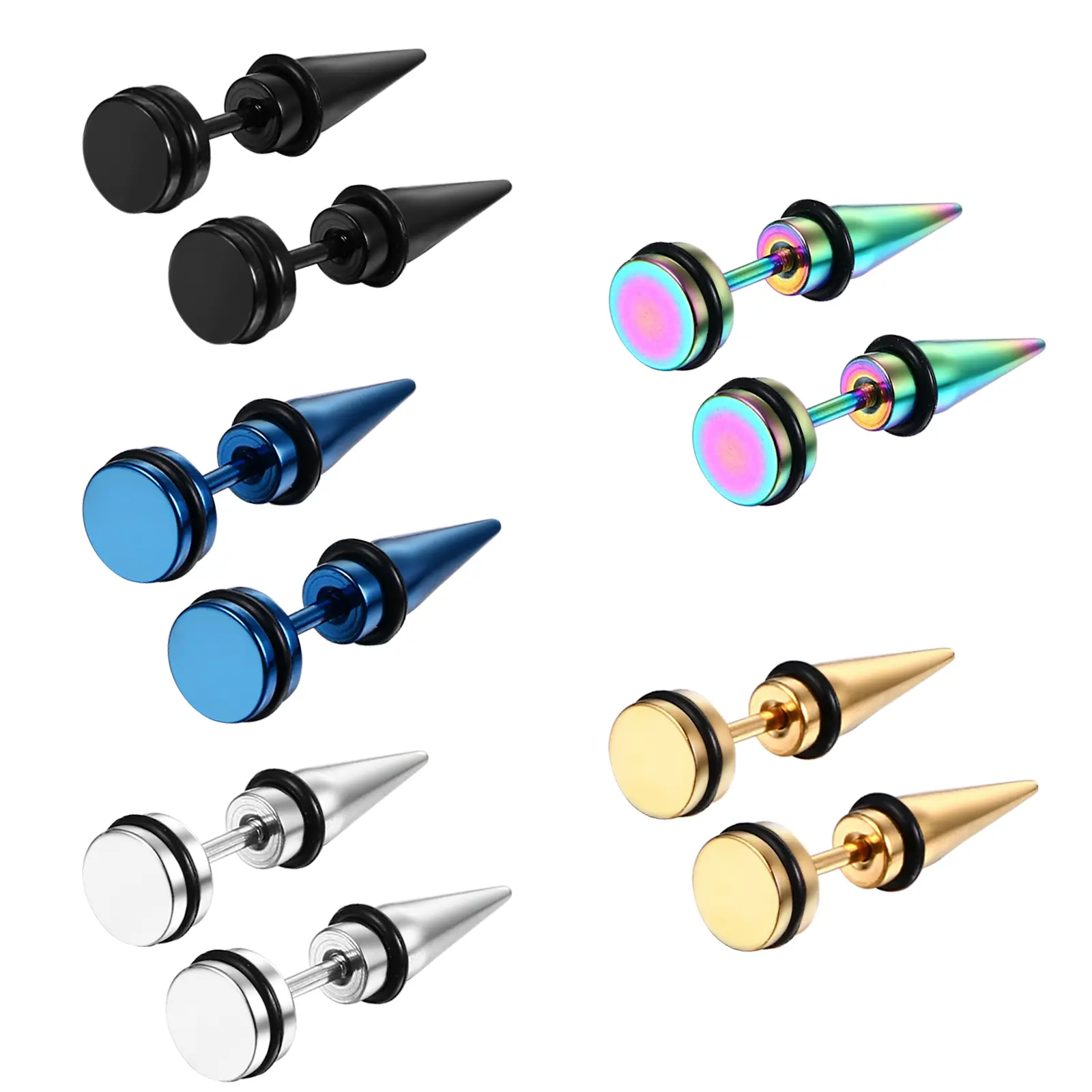 OIDEA 5 Pairs Stainless Steel Spike Cone Rivet Stud Earrings - Punk Hip Hop Geometric-Shaped Metal Details for Men, Sensitive Ears Black Metal Earrings, Earrings For Sensitive Ears