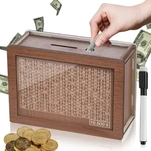 Decorative Transparent Wooden Piggy Bank - 2026 New Secure Savings Challenge Box with Counter, 10000 Savings Target, Number Markings, Resistant Cash Vault for Home Decor & Gifting