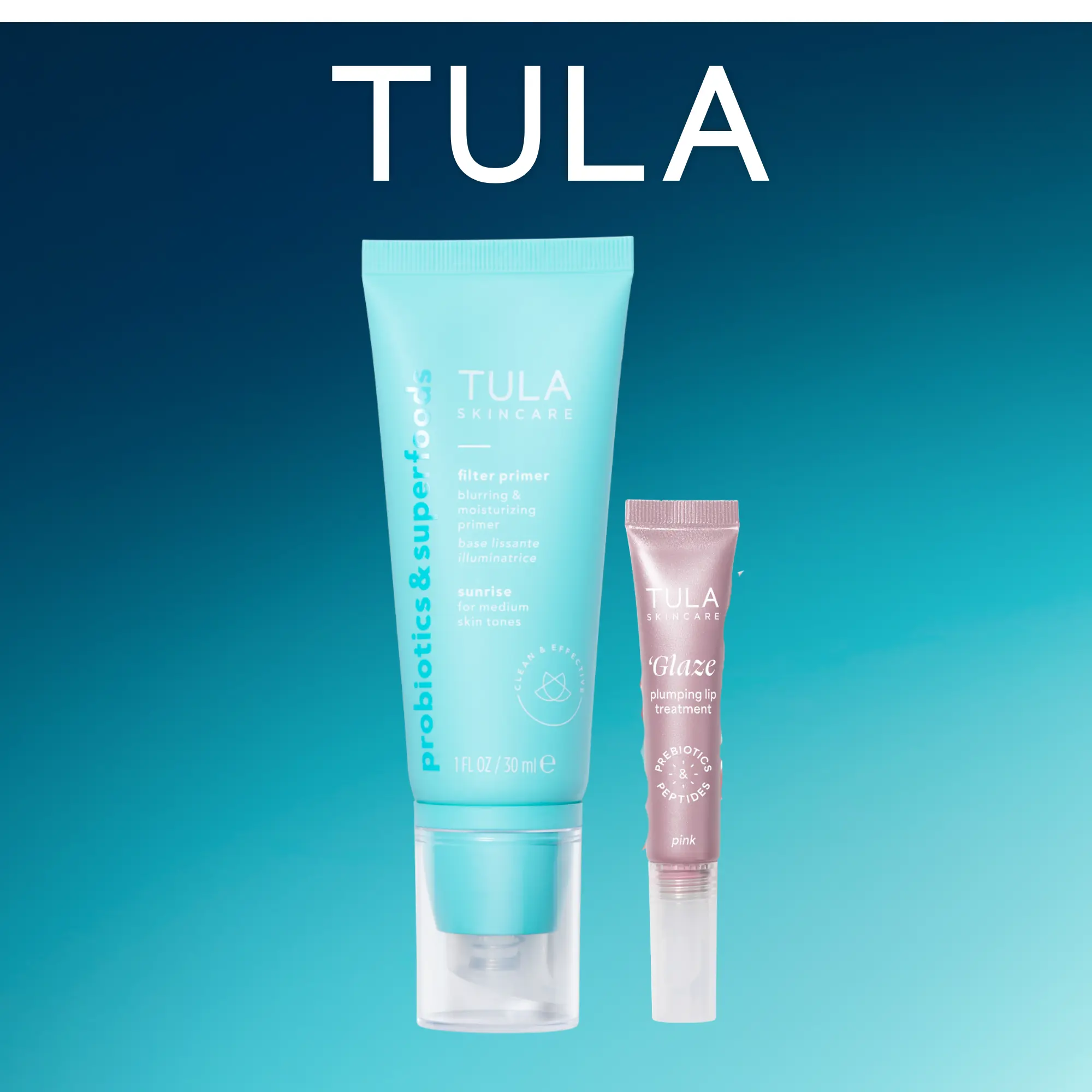 Tula TTS Exclusive Primer + Plump Bundle: Filter Primer (Magic Hour - Medium/Deep) & Pink 'Glaze Lip Treatment