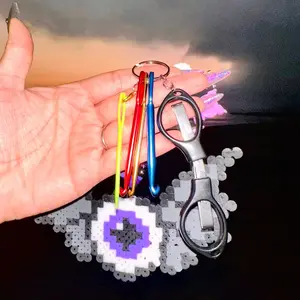 Emergency Knottie Keychains - Premade Crochet Keychains, Customizable Hooks, Scissors, Darning Needle with Pixel Design for On-the-Go Crafting