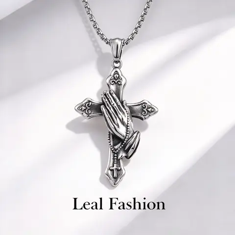 Hand Cross Necklace Prayer Hand Design Faith Accessory Gift for Men