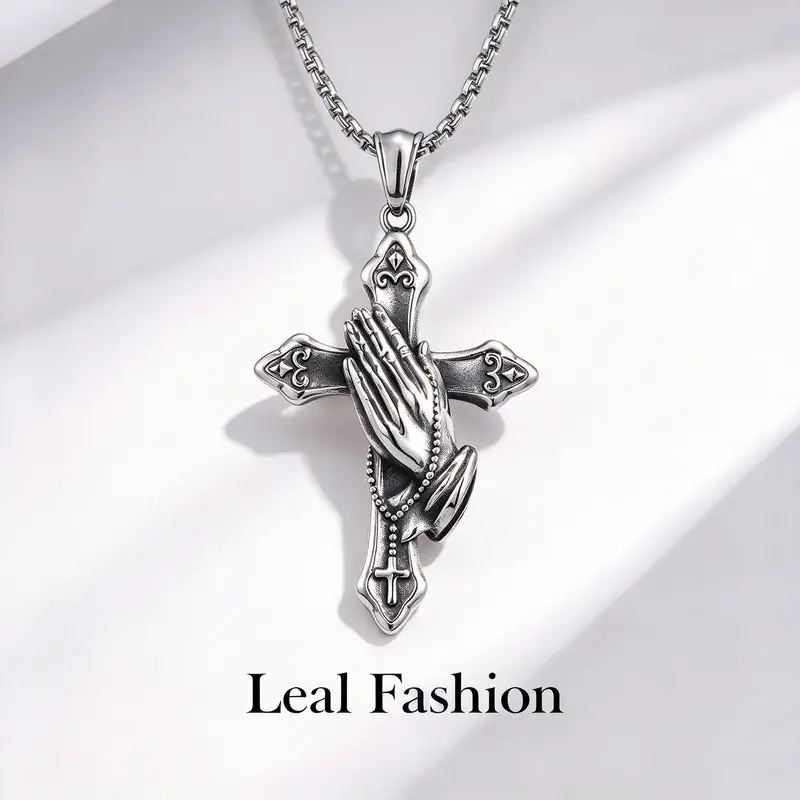 Hand Cross Necklace Prayer Hand Design Faith Accessory Gift for Men