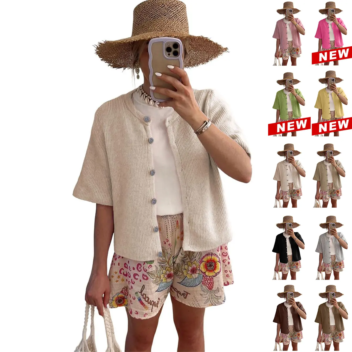 Women's Short-Sleeve Ribbed Acrylic Knitwear Cardigan - Soft Cream Fitted Button-Down Breathable Layering Top for Halloween, Party, Work Outfits, Button Front, Chic, Hang Dry, Pullover, Foldable, Fitted Cut, Round Neck, Lightweight, Thanksgiving, Chinese