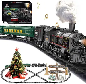 Electric Train Sets for Kids Metal Alloy Christmas Train Toys Steam Locomotive, Glowing Passenger Carriages, Luxury Tracks, Light & Sounds Rechargeable Birthday Gifts for Boys Girls Red Green