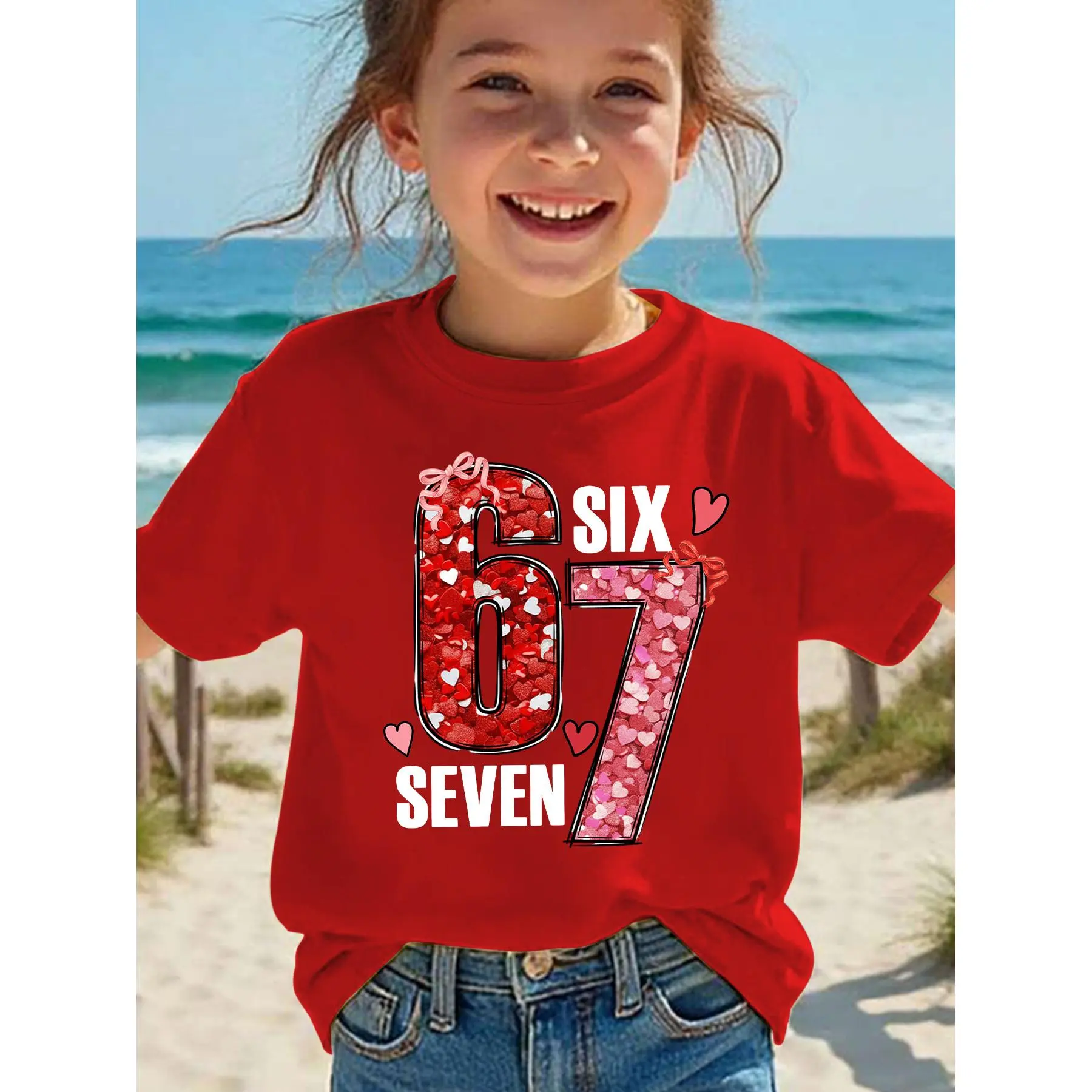 'Valentine'S Day' Summer Fashion Short Sleeve T-Shirt for Girls 'SIX SEVEN 67' Digital Heart Cartoon Pattern Print Casual Versatile Top NY-DX7413, Graphic Print