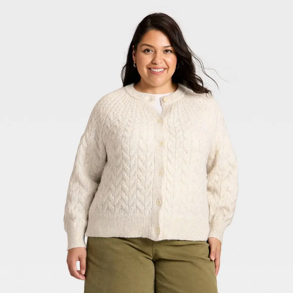 Women's Button-Front Cable Knit Cardigan Sweater - Ava & Viv, Polyester Ribbed Quality Fabric, Casual Fit Plus Sizes Knitwear Layer for Blouses, Garment