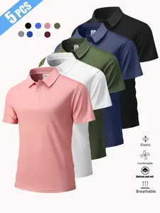 5-Pack Solid Color Micro-Stretch Polo Shirts, Casual Fashion, Breathable Lightweight, Breathable Athletics, Perfect for Sports and Outdoors, Pullover Design