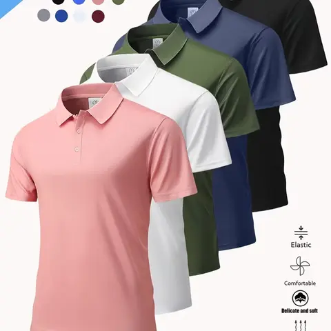 5-Pack Solid Color Micro-Stretch Polo Shirts, Casual Fashion, Fitness Casual Wear, Breathable Lightweight, Breathable Sportswear Top, Breathable Workout Top, Breathable Athletics, Perfect for Sports and Outdoors, Pullover Design, Workout Clothes