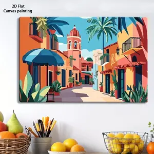 2D Flat, 1pc Mexican Street - Vintage Mexican Architecture Wall Art Poster with Orange, Blue, Red, Green, - Wrapped Canvas Framed Decor for Living Room, Kitchen, Bedroom, Office - Indoor/Outdoor Latin American Cultural Decoration, Kitchen Artwork