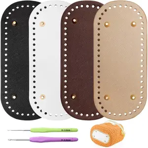 4 count Bag Bases for Crochet with 2 count Crochet Hook, 4 Colors Leather Purse Bottoms for Crocheting, Long Oval Purse Making Supplies with Holes for DIY Crochet Bag