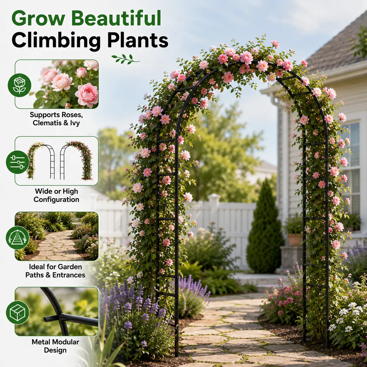 Garden Arch Trellis For Climbing Plants, Metal Garden Arbor Support For Roses Clematis Ivy Vines, 2-in-1 Adjustable Wide Tall Archway, Outdoor Backyard Lawn Pathway Entrance Decoration