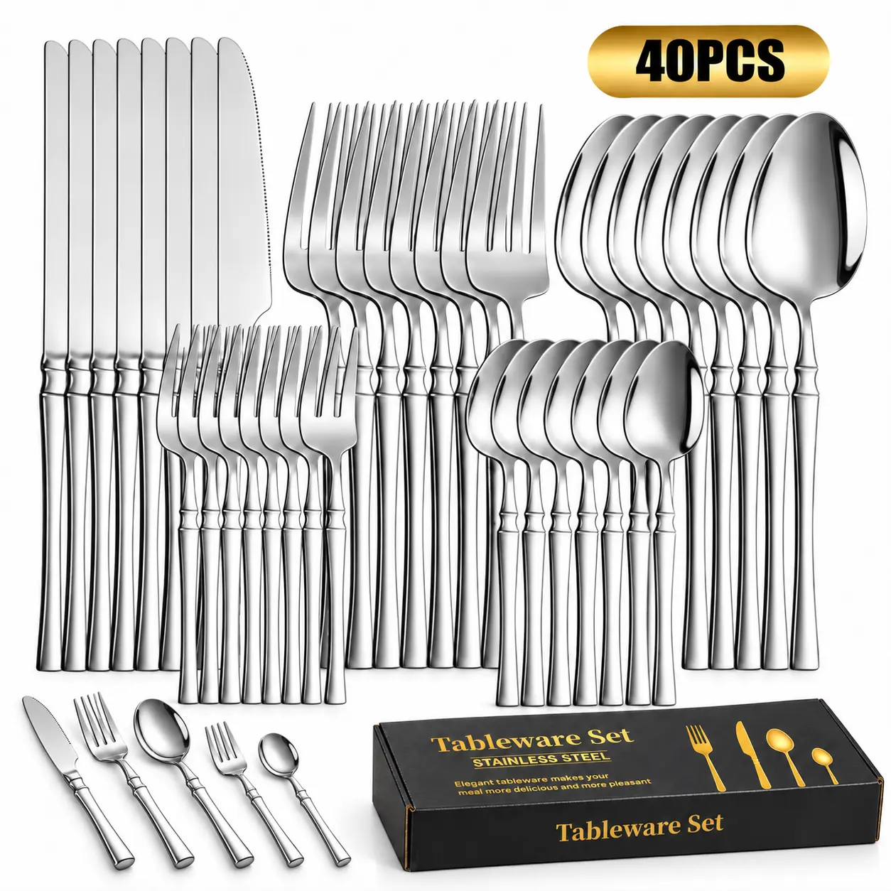 40-Piece Stainless Steel Tableware Set -Does not include gift box  Mirror-Polished Cutlery (Knives, Forks, Spoons, Teaspoons, Dessert Forks) with Rounded Curves, Party-Ready, Durable, Stylish, Modern, Dishwasher-Safe Kitchenware
