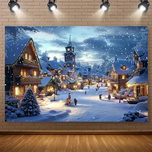 Festive Christmas Town 3D Snow Scene Backdrop Polyester Fabric Lightweight 75gsm Woven Wall Decor for Weddings Parties Holiday Ambiance Transverse Orientation No Electricity Needed Banners Ornaments