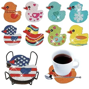 8 Piece Duck Diamond Painting Coaster Set with Stand, DIY 5D Diamond Art Kit, Eco-Friendly Wooden Round Coasters, Heat Resistant Drink Tray