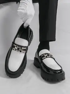 Men's Glossy Loafers, Thick Sole Platform Heel, Metal Chain Decoration, Anti-Slip Bottom, Business Casual Shoes, Footwear