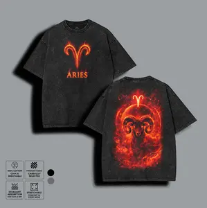 Aries Fire Sign Zodiac Washed Tee, Vintage Flaming Ram Graphic T-shirt, Unisex Loose-fit Streetwear Shirt, Retro Astrology Gift for Aries Bestie