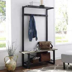 212 MAIN 48 in. Open-Top Wooden Storage Unit with Shoe Shelf, Grey Wash Finish, Metal Frame