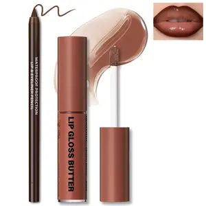 Nude Lip Combo Set with Brown Lip Liner & Plumping Gloss – Moisturizing Glow Oil Finish, Long Wear Mini Lip Gloss for Women