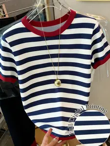 New Summer Autumn Women's Short Sleeve T-Shirt, Blue Striped Knit Top, Loose Fit Digital Print, Versatile Outerwear