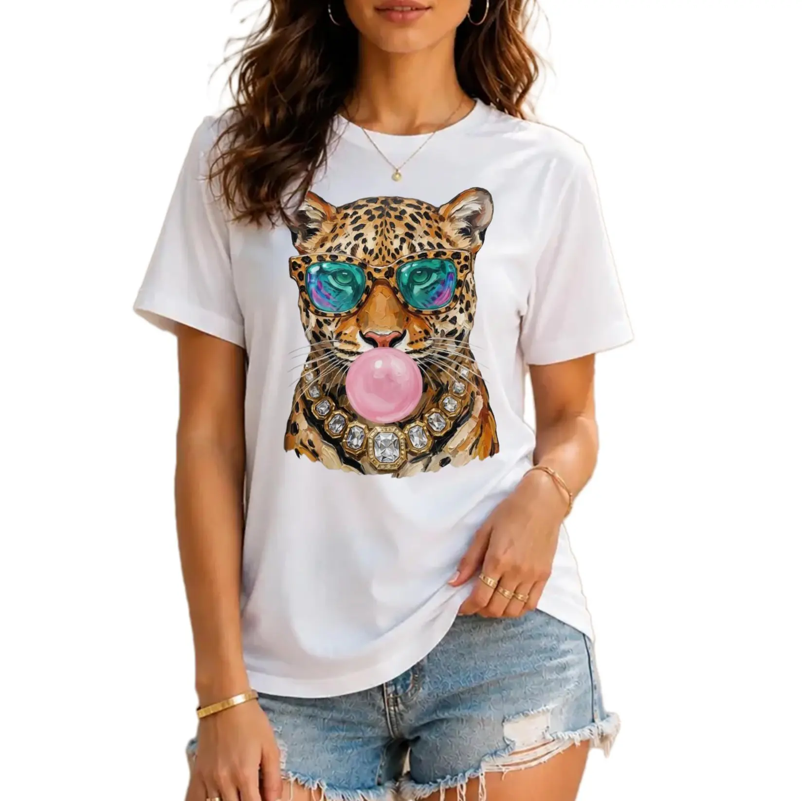 Gildan Women Glam Bubble Gum Leopard Graphic T Shirt Rhinestone Chain Leopard Shades Cool Wild Animal soft Cotton Short Sleeve Tee back to school clothing Top Womenswear