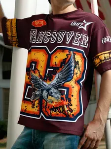 Men's Vlone Round Neck Letter Print T-Shirt, Casual Short Sleeve Slim Fit Summer Top, Tropical Design Daily Wear Tee