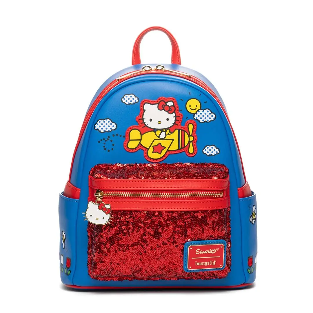 Loungefly Sanrio Hello Kitty Flight Adventure Faux Leather Mini Backpack with Red Sequin Pocket, 707 Street Exclusive Collectible, Luggage, Companion, Collectibles, Casual Wear, Everyday Carry, Adjustable Strap, Compact, Adults, Cartoon, Sequin Accents, B
