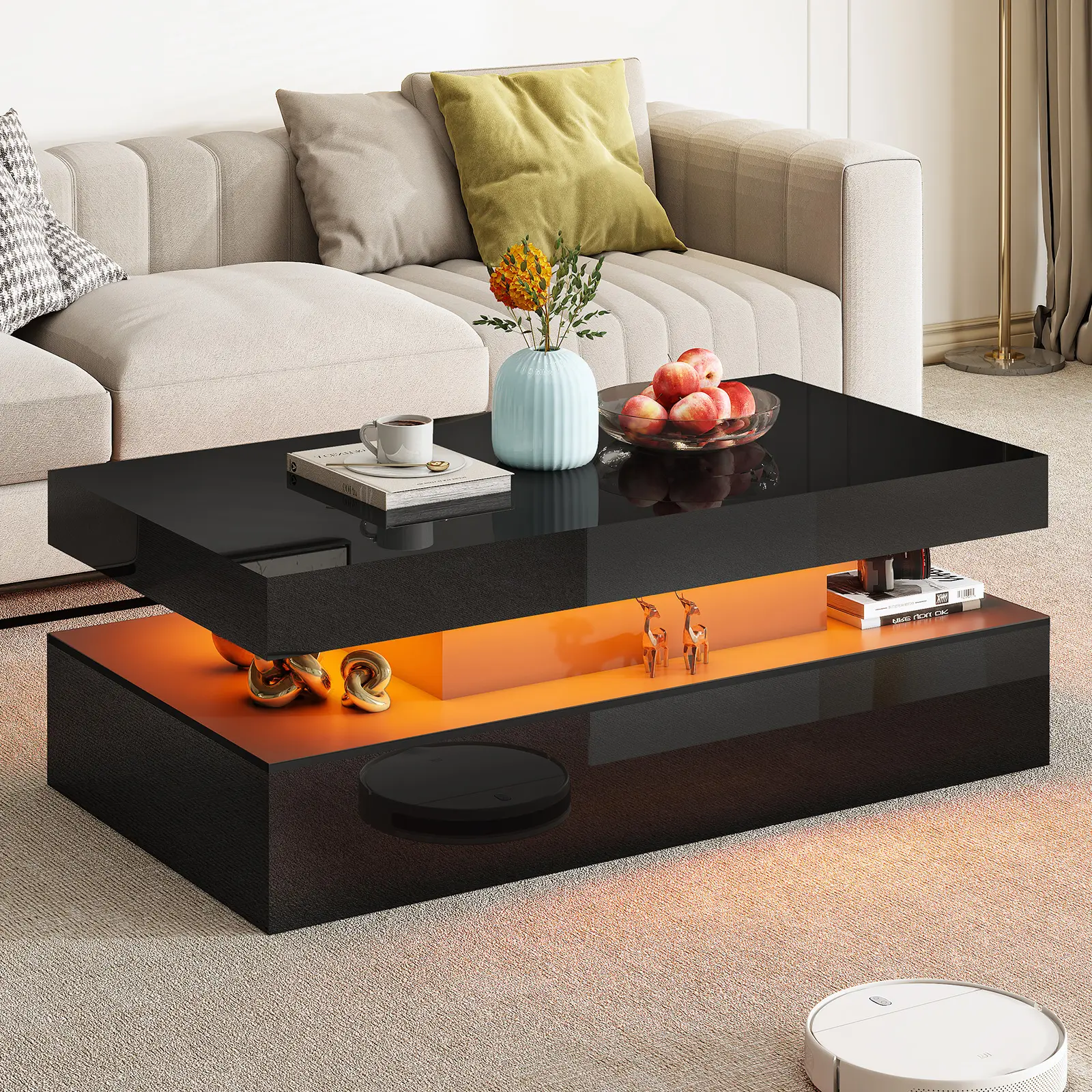 [Summerwins] [SummerFinds] AMERLIFE High Gloss LED Coffee Table, Modern 2-Tier Center Table with LED Lights, Open Storage Space, 40in Simple Rectangular Sofa Side Table