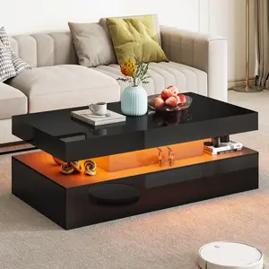 AMERLIFE High Gloss LED Coffee Table, Modern 2-Tier Center Table with LED Lights, Open Storage Space, 40in Simple Rectangular Sofa Side Table AMERLIFE High Gloss LED Coffee Table, Modern 2-Tier Center Table with LED Lights, Open Storage Space, 40in Simple Rectangular Sofa Side Table