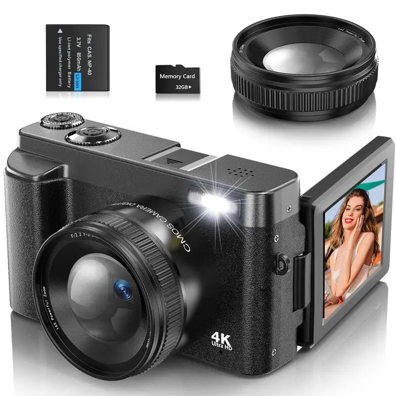 4K Video Recording Digital Camera, 48MP Auto Focus Pixel Digital Camera with 16X Digital Zoom, Entry Level Camera with 32G Memory Card for Beginners, Portable Vlogging Camera