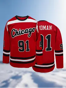 Men's Letter & Number Embroidery Hockey Jersey, Chicago 91 Hockey Jersey, Vintage Long Sleeve V Neck Hockey Ball Uniform, Casual Sportswear for Men,Casual Sporty Top, Athletic Shirt, Athletic Style, Sports Tops