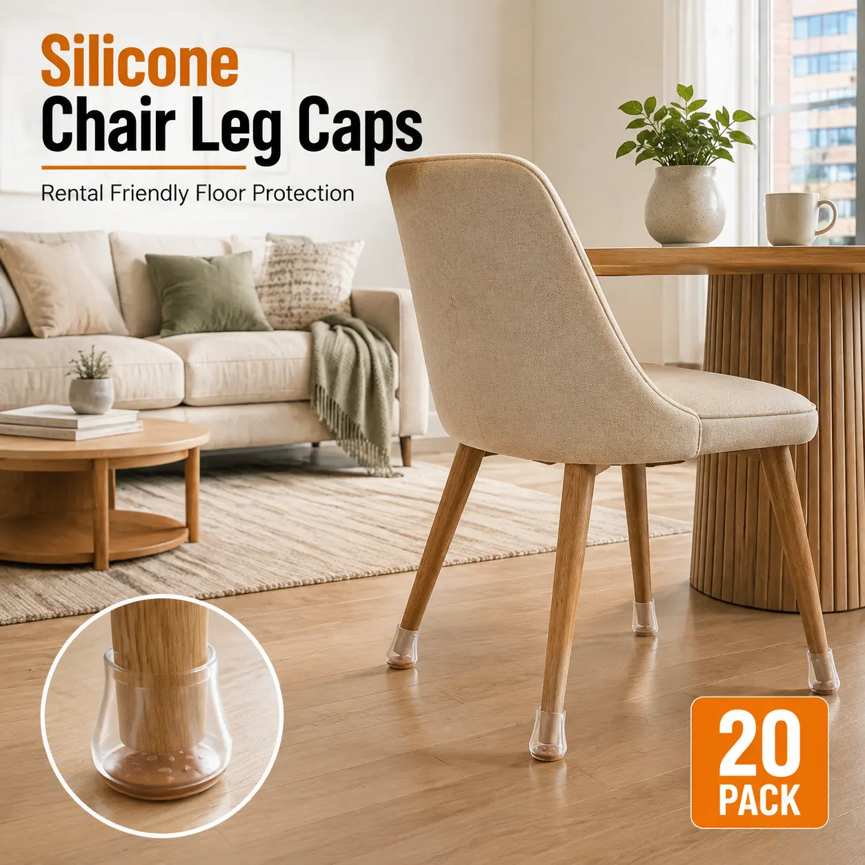 Stop Scratching Your Hardwood Floors! 20 Pack Transparent Silicone Chair Leg Caps, Anti-Slip Noise Dampening Furniture Leg Protector Covers for Round Dining Chair, Bar Stool, Desk Legs, Renter Must Have Furniture Hack