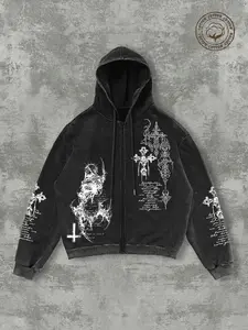 Y2K Cyberpunk Gothic Graphic Hoodie Zipper, Casual Long Sleeve Fitted Top, Soft Fabric, Perfect for Daily Wear, Music Festivals, Alternative Parties