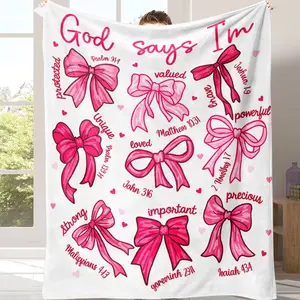 Countdown Sale! Pink Bow Christian Throw Blanket – "God Says I Am" Bible Verse Flannel Blanket – Coquette Style Inspirational Gift for Women, Girls, Daughter – Jesus Faith Prayer Blanket for Home, Sofa, Bedroom – Religious Decor for Christian Girls