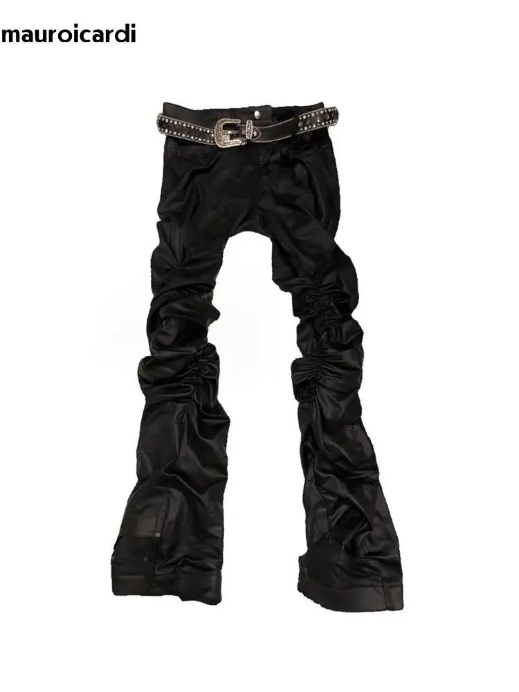 Mauroicardi Men's Ruched Stacked PU Leather Edgy Pants - Luxury Streetwear Menswear Bottoms