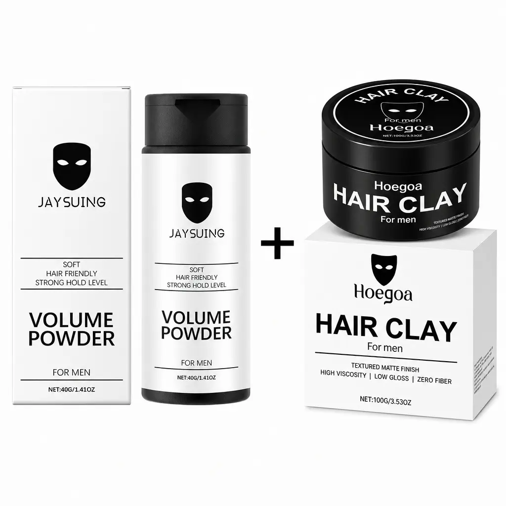 Combination Men's Hair Styling Set - Unscented Hair Clay & Fluffy Styling Powder for Instant Texture & Root Lift Volume, Strong Hold Edge Control & Hairline Shaping, Natural Matte Finish Haircare Essential black owned Lightweight Mousse