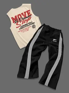 Men's Letter Graphic Tank Top & Tracksuit Bottom Two-piece Set, Stretchy Suit Set, Regular Fit Sleeveless Round Neck Top & Striped Trim Sweatpants, Casual Summer Clothes Set for Outdoor