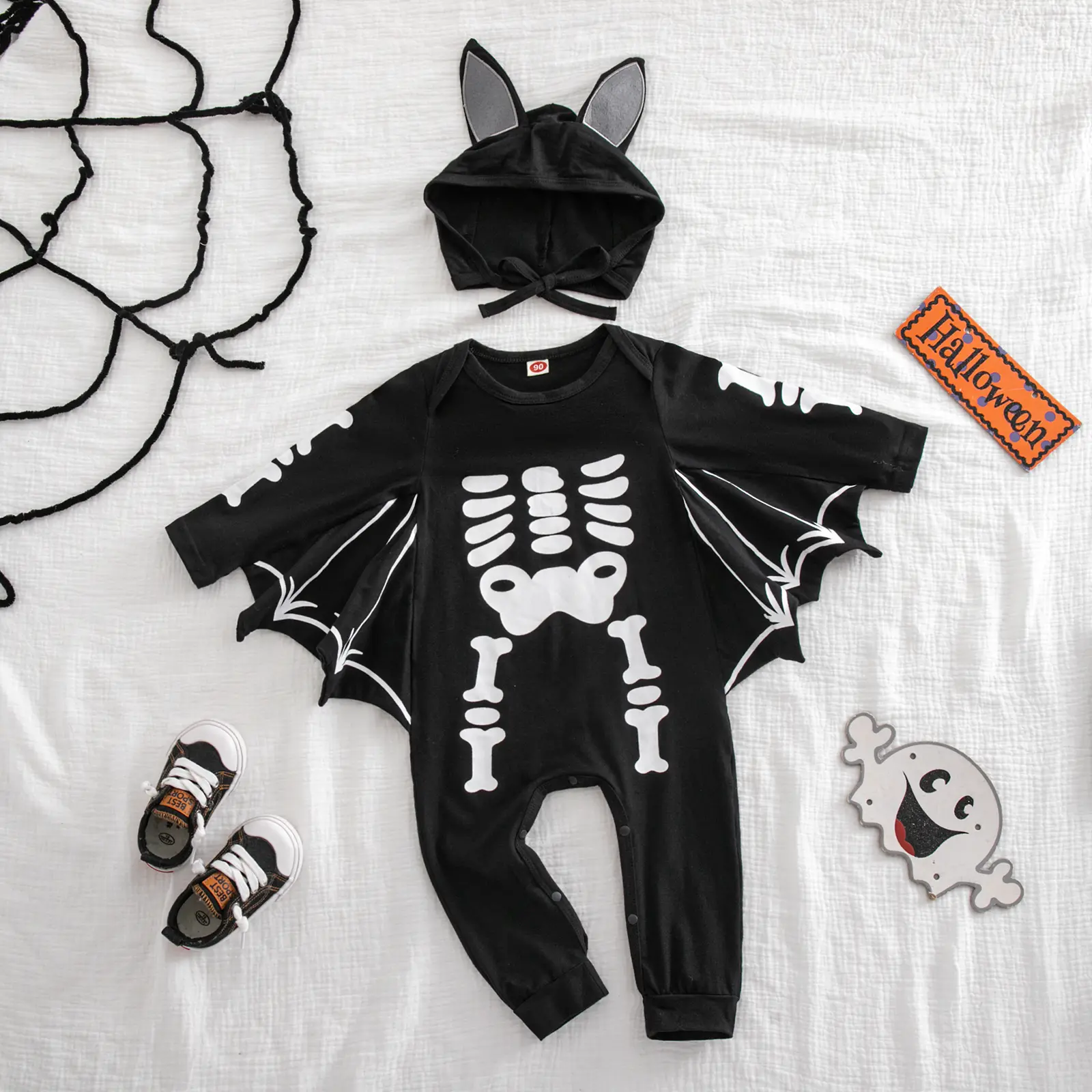 Baby Halloween Bat Skeleton Romper with Hood, Long Sleeve Wing Costume Newborn Vampire Cosplay Bodysuit Infant Trick or Treat Party Outfit