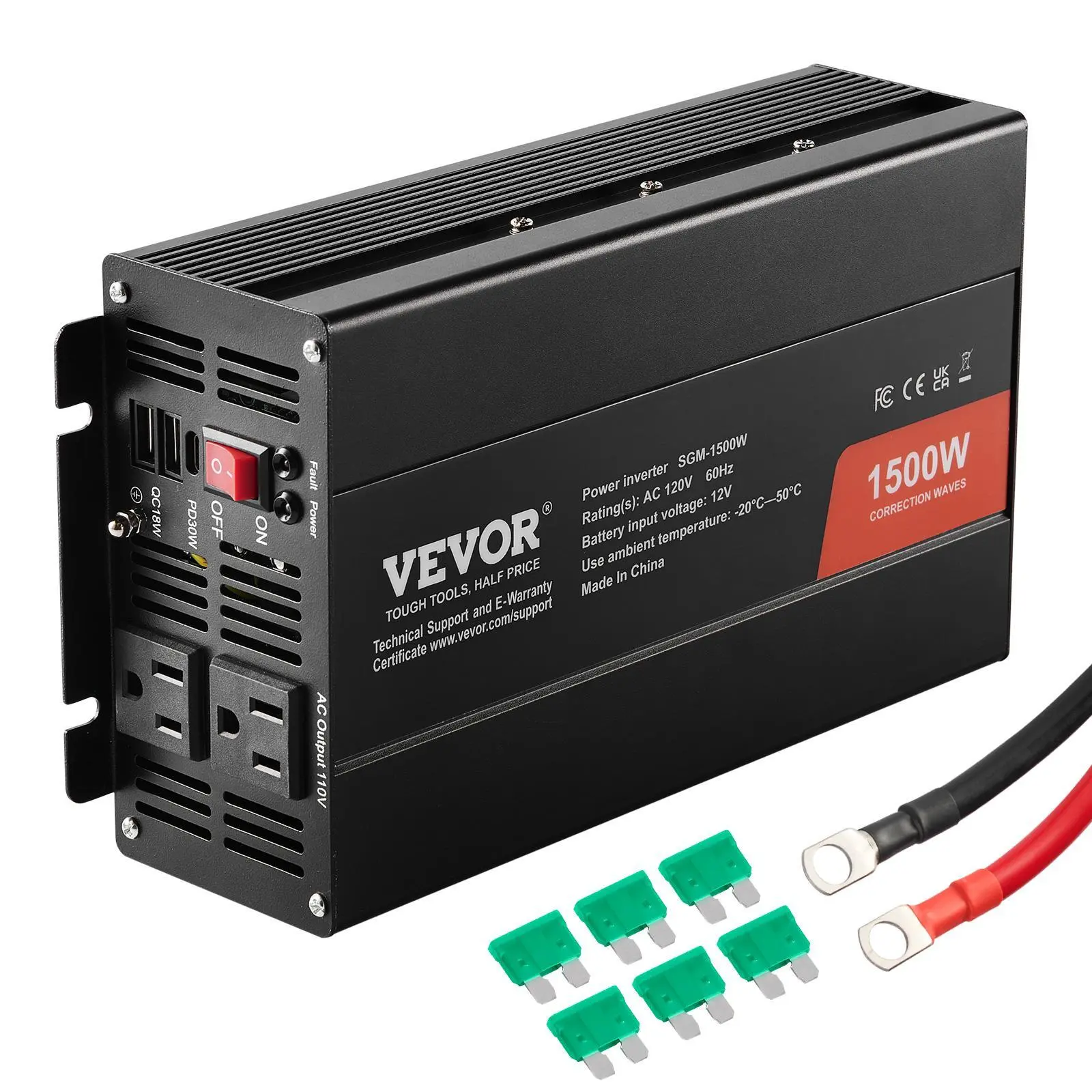 【Backtoschool】VEVOR Modified Sine Wave Inverter,  1500W, DC 12V to AC 120V Power Inverter with 2 AC Outlets 2 USB Port 1 Type-C Port 6 Spare Fuses, for Small Home Devices like Smartphone Laptop, CE FCC Certified