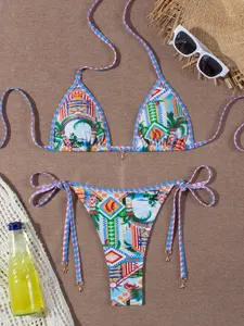 Women's New Printed Beach Casual Fashion Vacation Tie Two-Piece Bikini Swimsuit, Fitted All Seasons Swimwear, Stylish Summer Bathing Suit, Tie Detail Bikinis, Tie Side Bikini