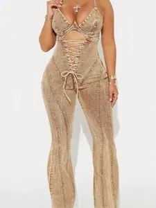 Lace-Up Vintage Wash Jumpsuit – Cutout Flared Leg Bodycon