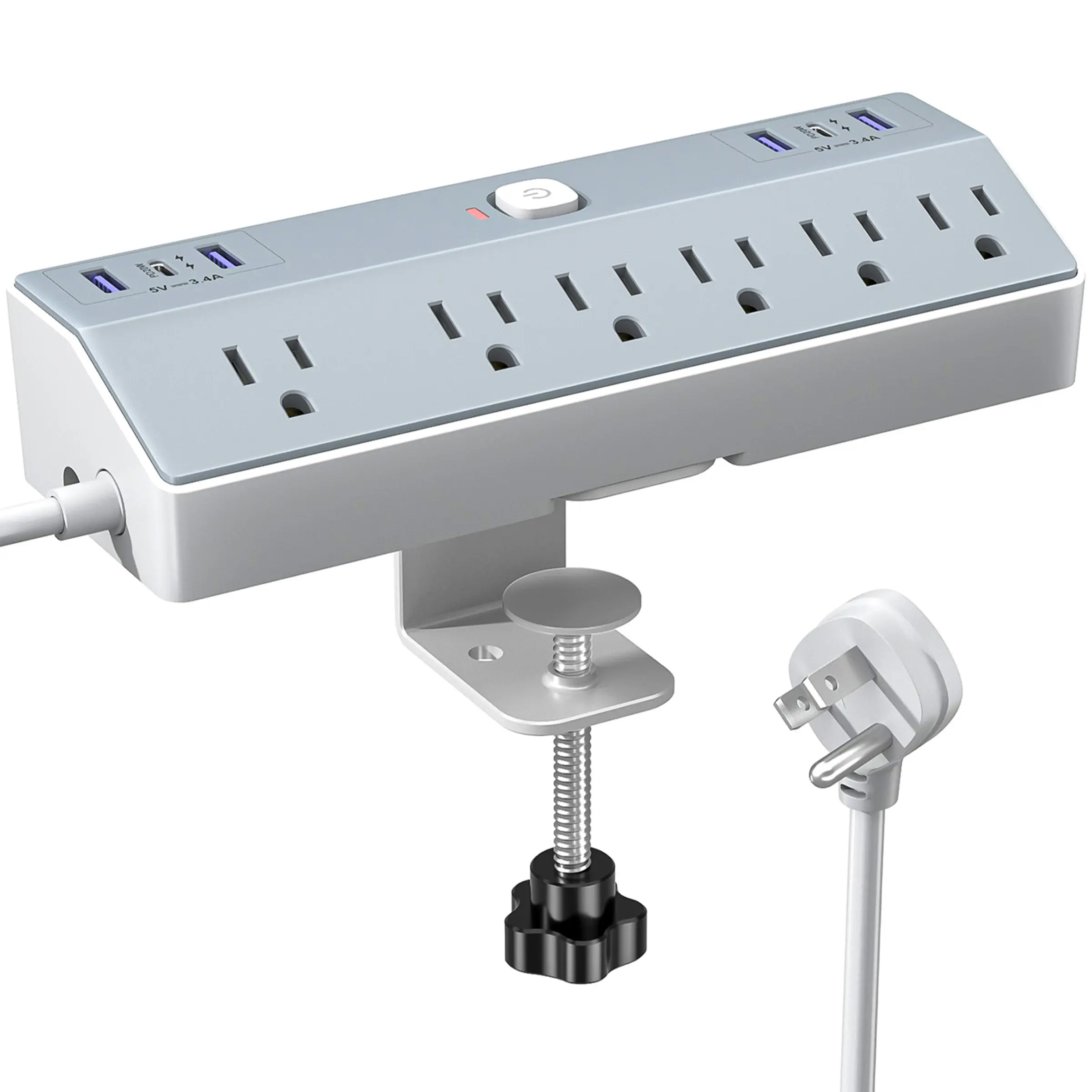 40W Desktop Clip Power Strip Fast Charging Station, 2 USB-C Ports,6 AC Power Outlets and 10ft Cable, Suitable for 1. 8 Inch Desktop Edge electrical plug-in device