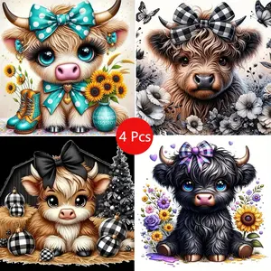Highland Cow Diamond Painting Kit, 4-Piece Adult DIY 5D Full-Drill Round Diamond Art Set, Frameless Home Décor