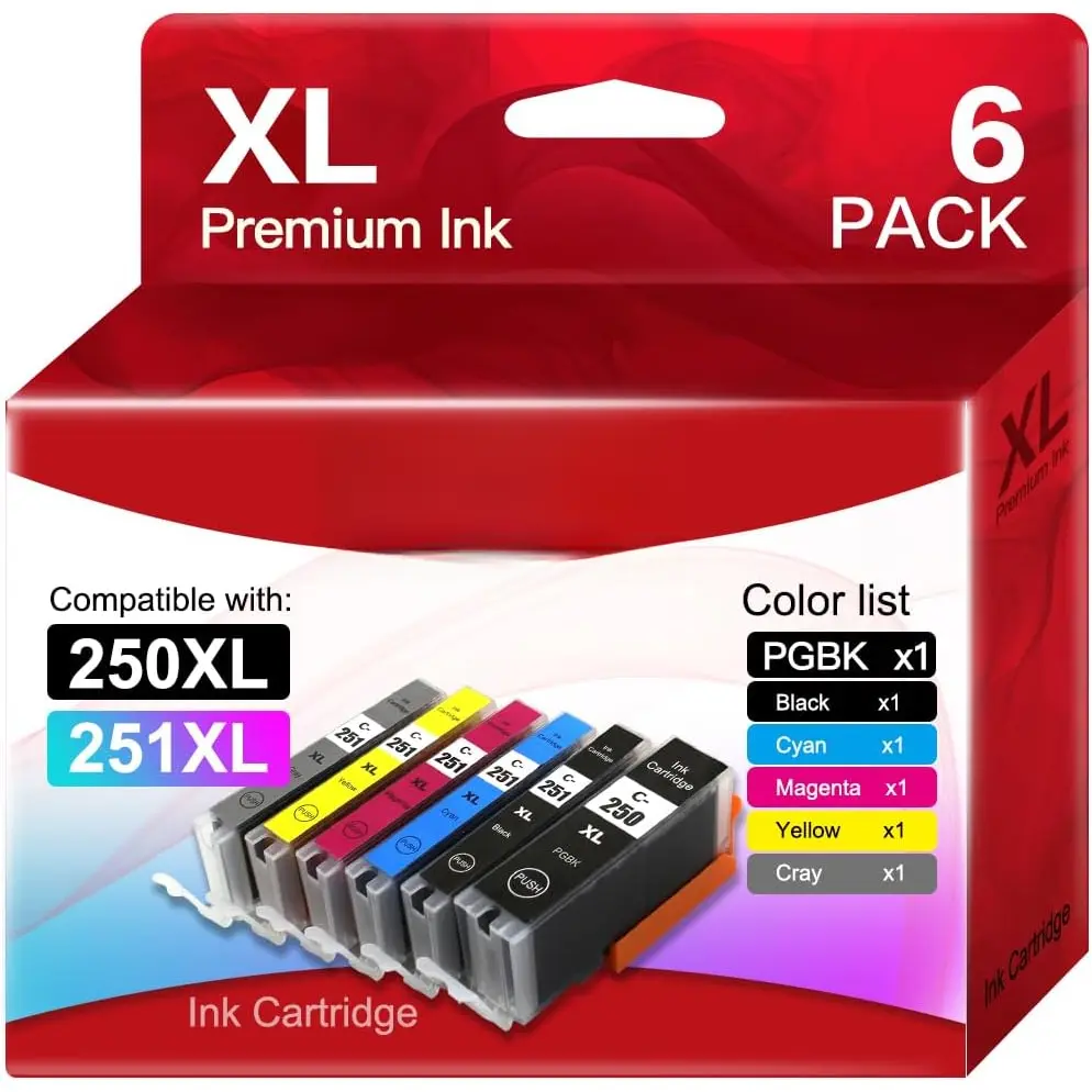 250 XL 251 XL - Compatible with  PGI-250XLBK and CLI-251XLBK C M Y GY, Replacing PIXMA MG6320 MG7120 IP8720 MG7520 Printer Ink Cartridges(6pack)