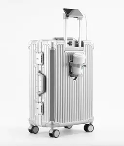 PC Hard Shell Carry On Luggage with Aluminum Frame, Suitcase with Cup Holder and USB Port, Zipperless Luggage for Business Travel
