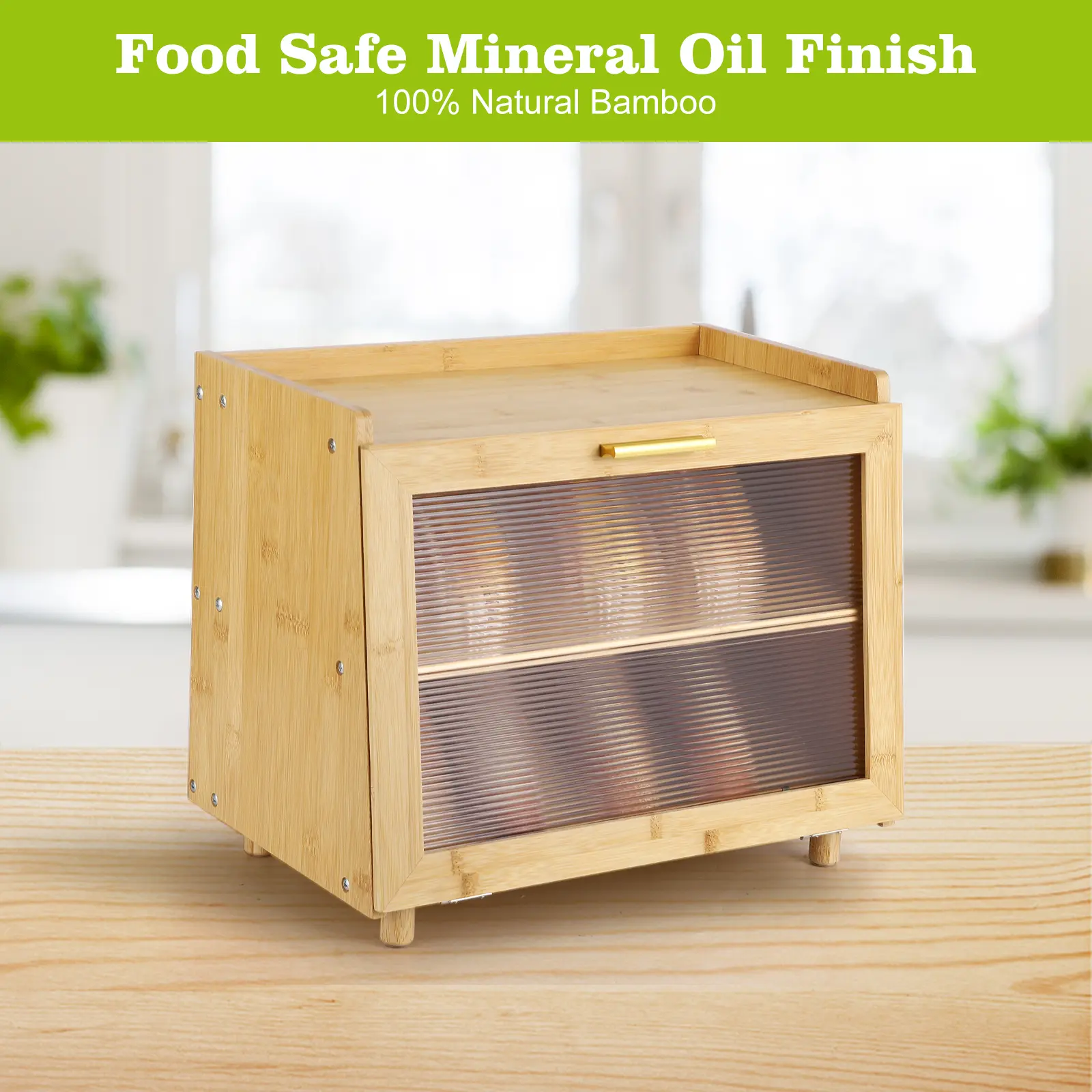 Large-Cap Solid Bamboo Food Storage Container - Sturdy Double-Layer, Airtight Seal Lid with Window, Metal Accents, Waterproof Farmhouse Kitchen Countertop Organizer for Bread, Utensils, Farmhouse Look