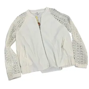 Cream Lace Bomber Jacket - Size L, Long Sleeve, Casual Coat with Button Front, White Color, Versatile for Plain Menswear Stylish Tops Outfit