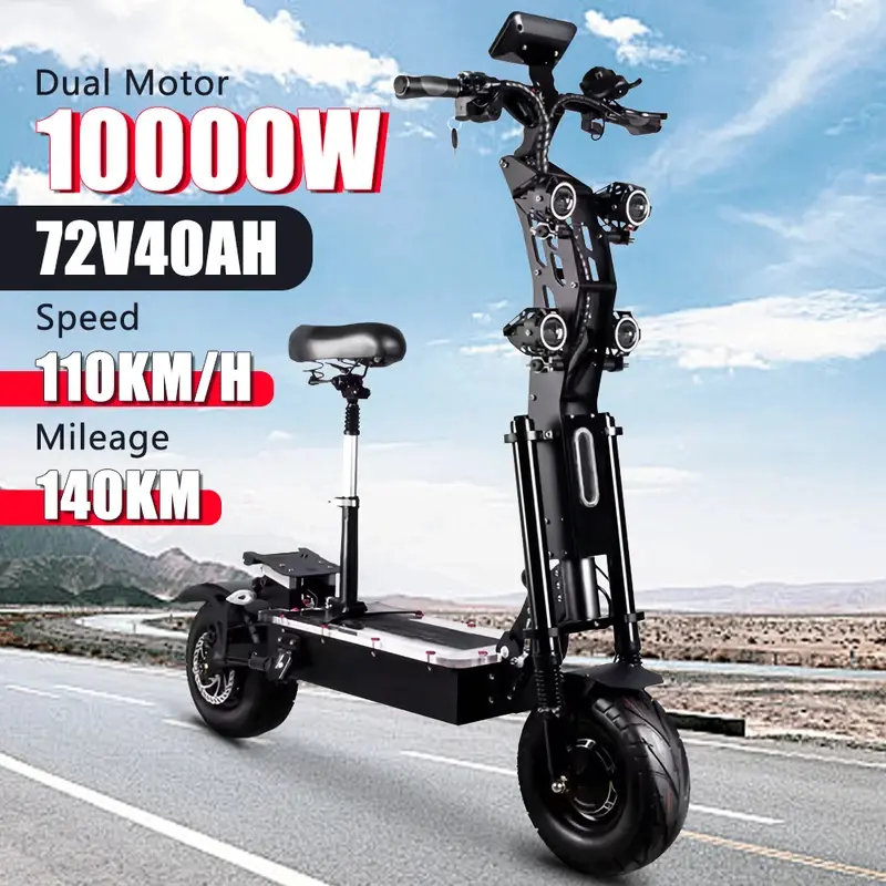 X14 72V 10000W Off-Road Dual Motor Adult Commuting Scooter - 95KM/H High Speed, 130KM Range, 40° Hill Climb, 14" Tires, Hydraulic Brake, RGB Lights, App-Enabled, Folding, Seat-Equipped Mobility Scooter 06, High Speed Scooter
