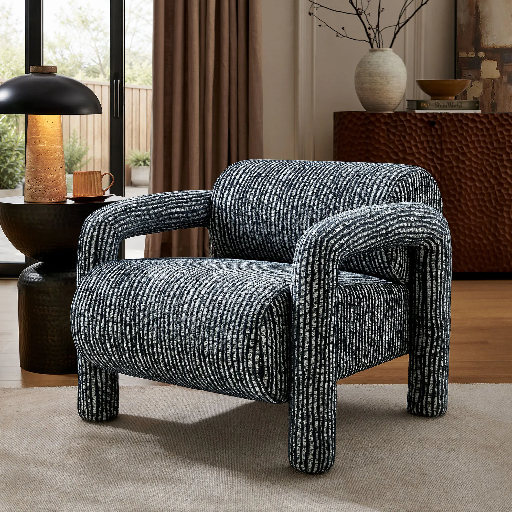 Quill Patterned Woven Fabric Accent Chair in Navy